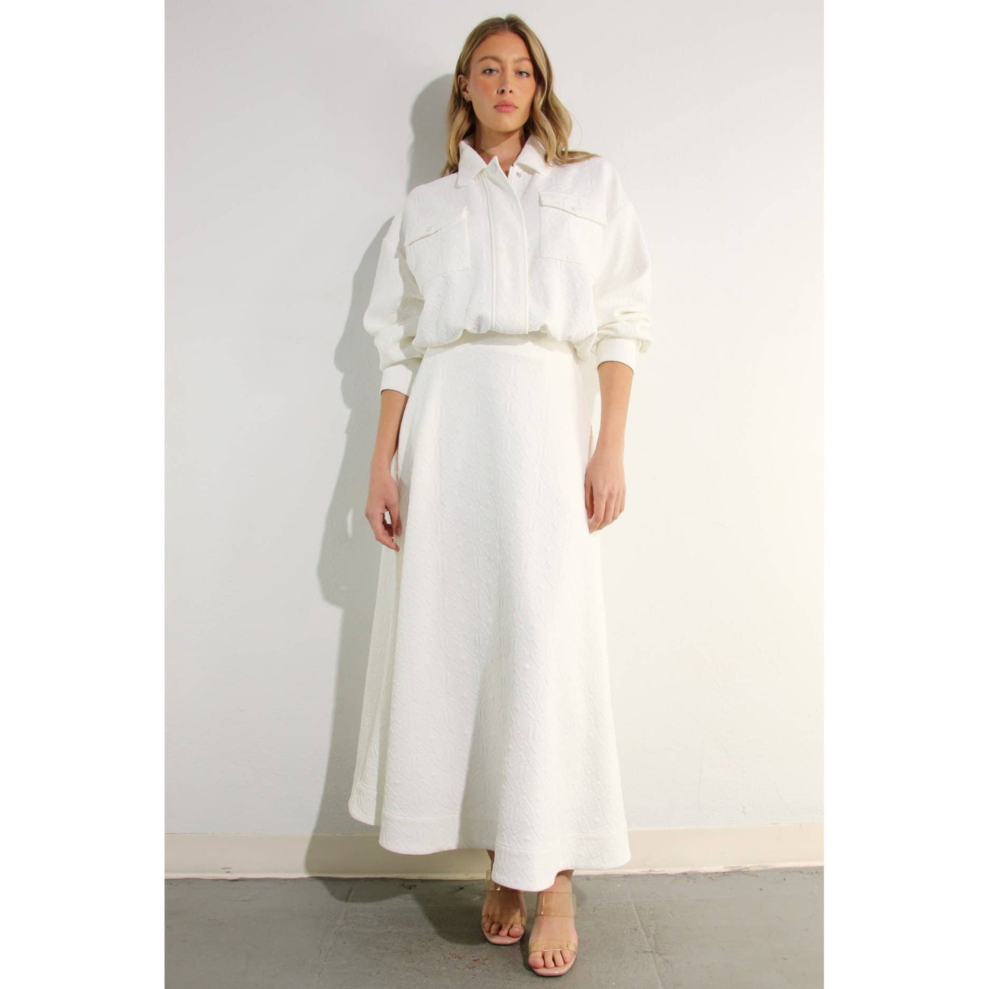 EMBOSSED JACKET AND SKIRT SET