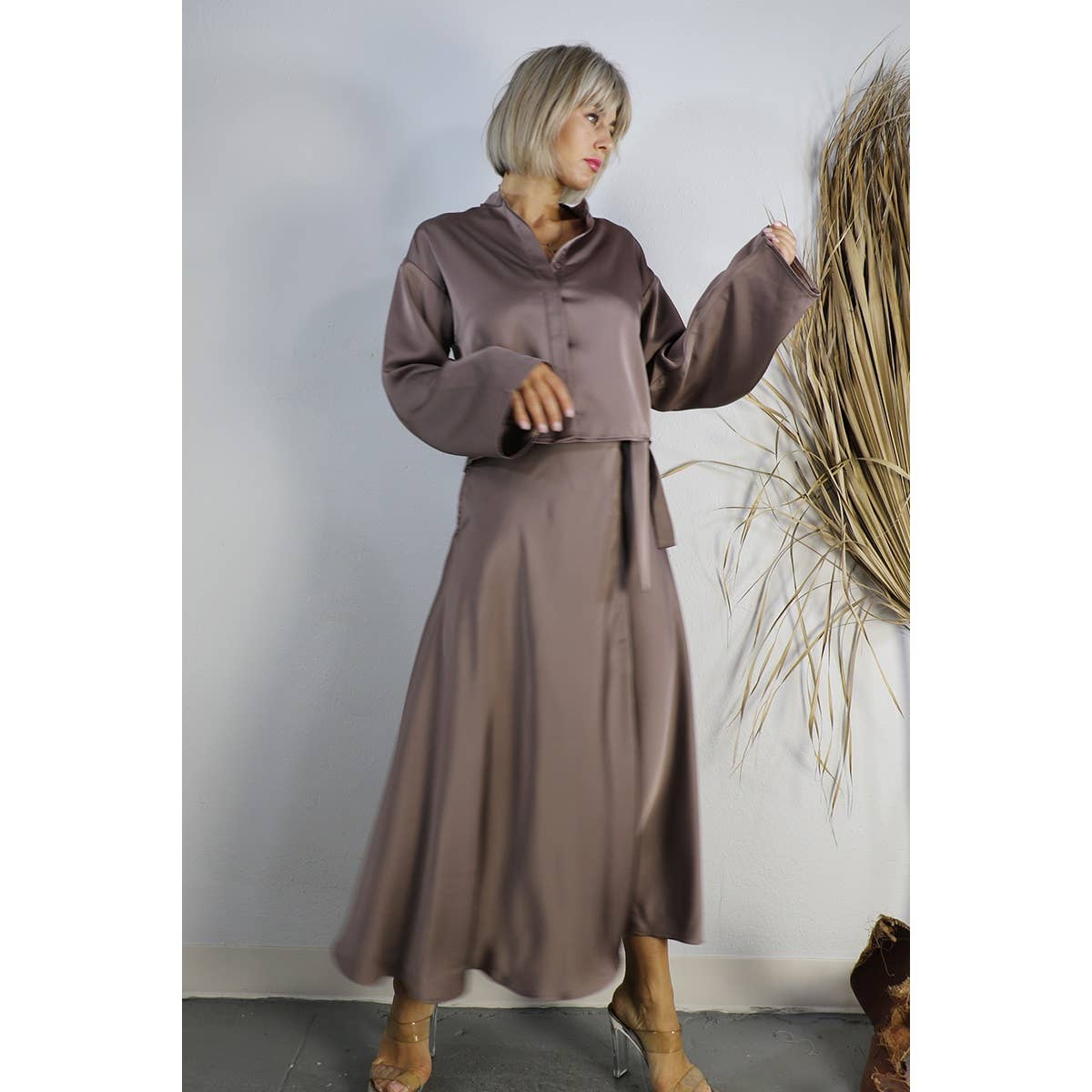 SATIN CROP TOP WITH WRAP SKIRT SET