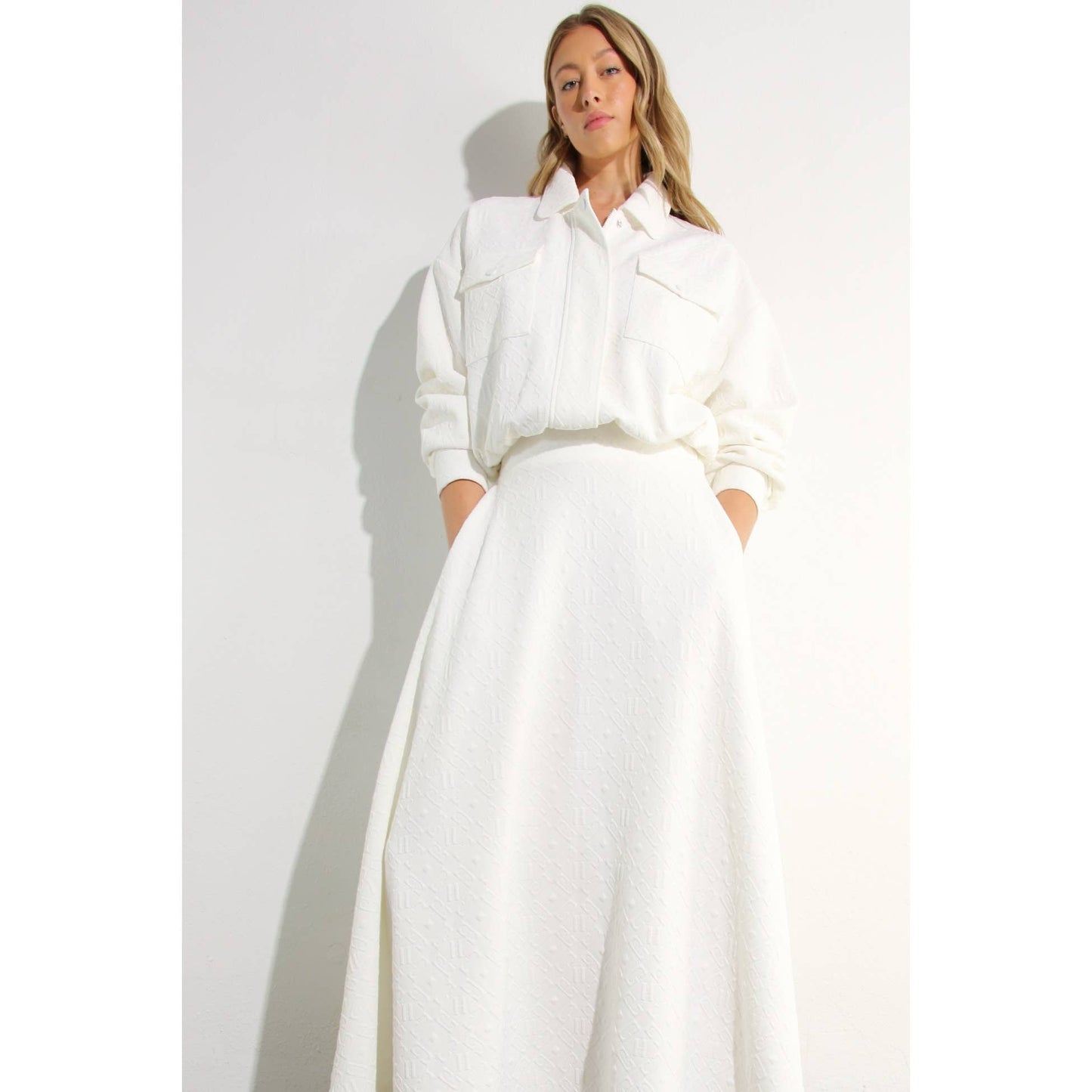 EMBOSSED JACKET AND SKIRT SET