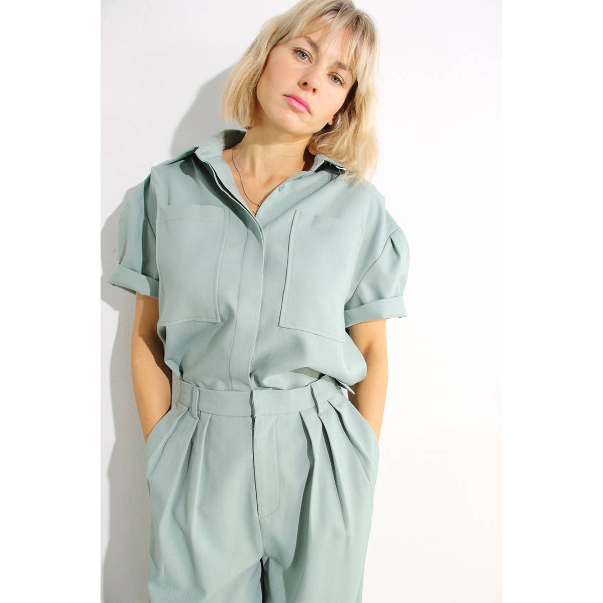 PLEATED BACK BUTTON DOWN SHIRTS TOP AND PANTS SET
