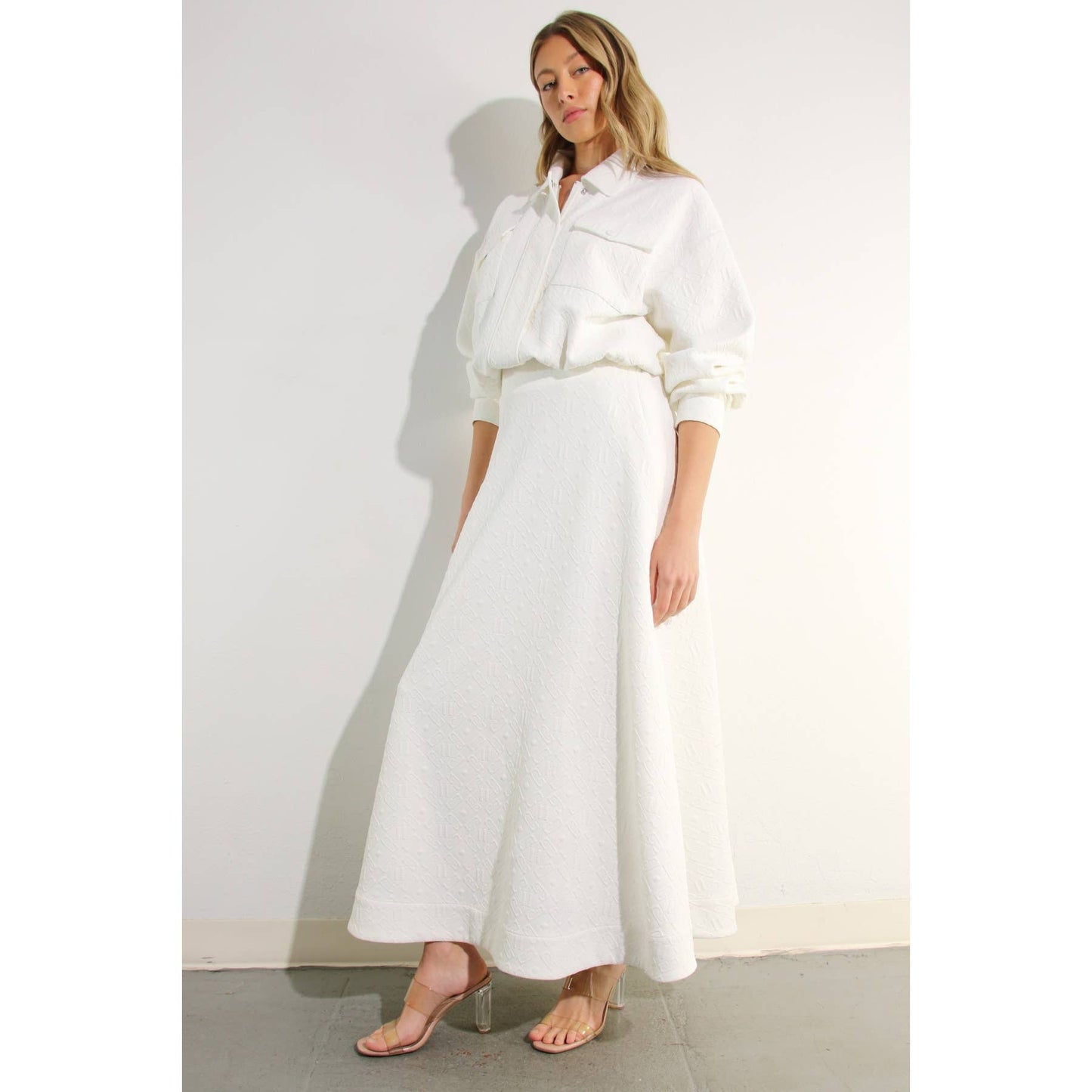 EMBOSSED JACKET AND SKIRT SET