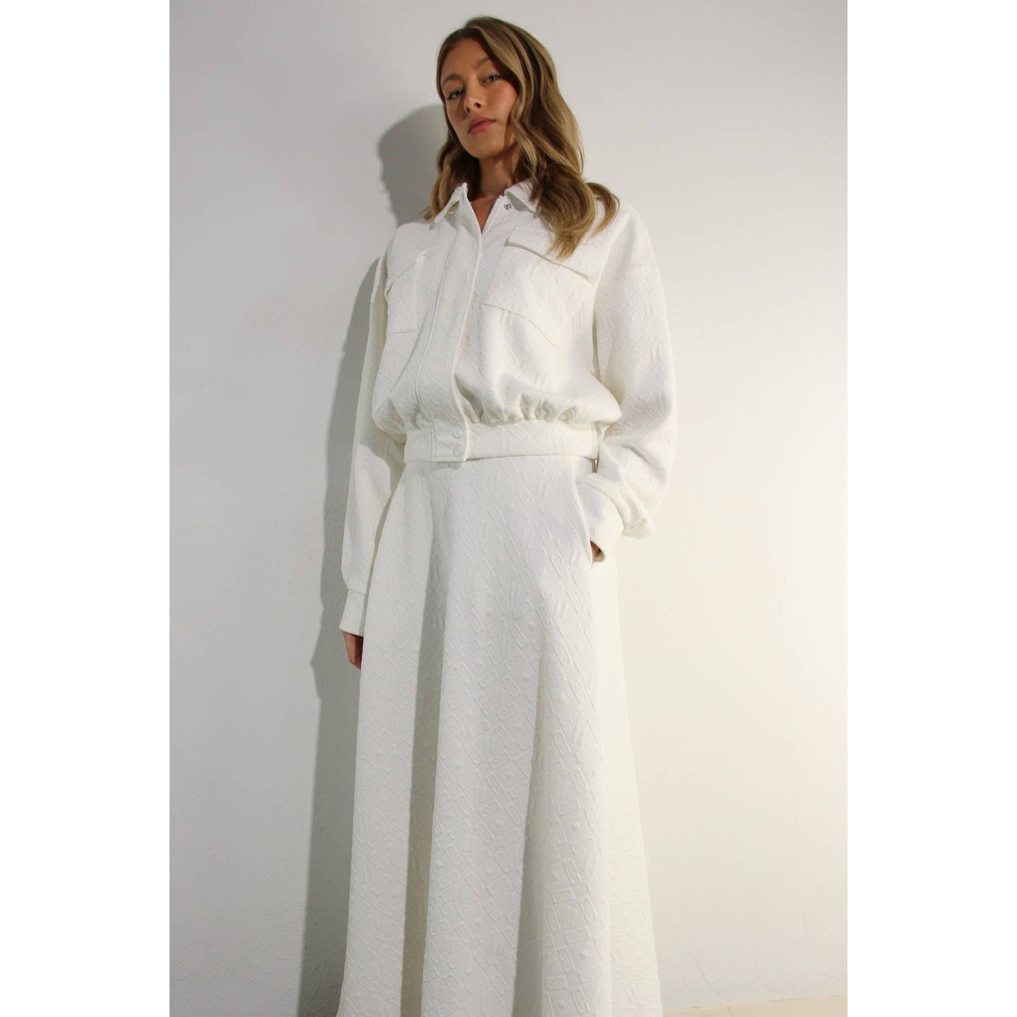 EMBOSSED JACKET AND SKIRT SET