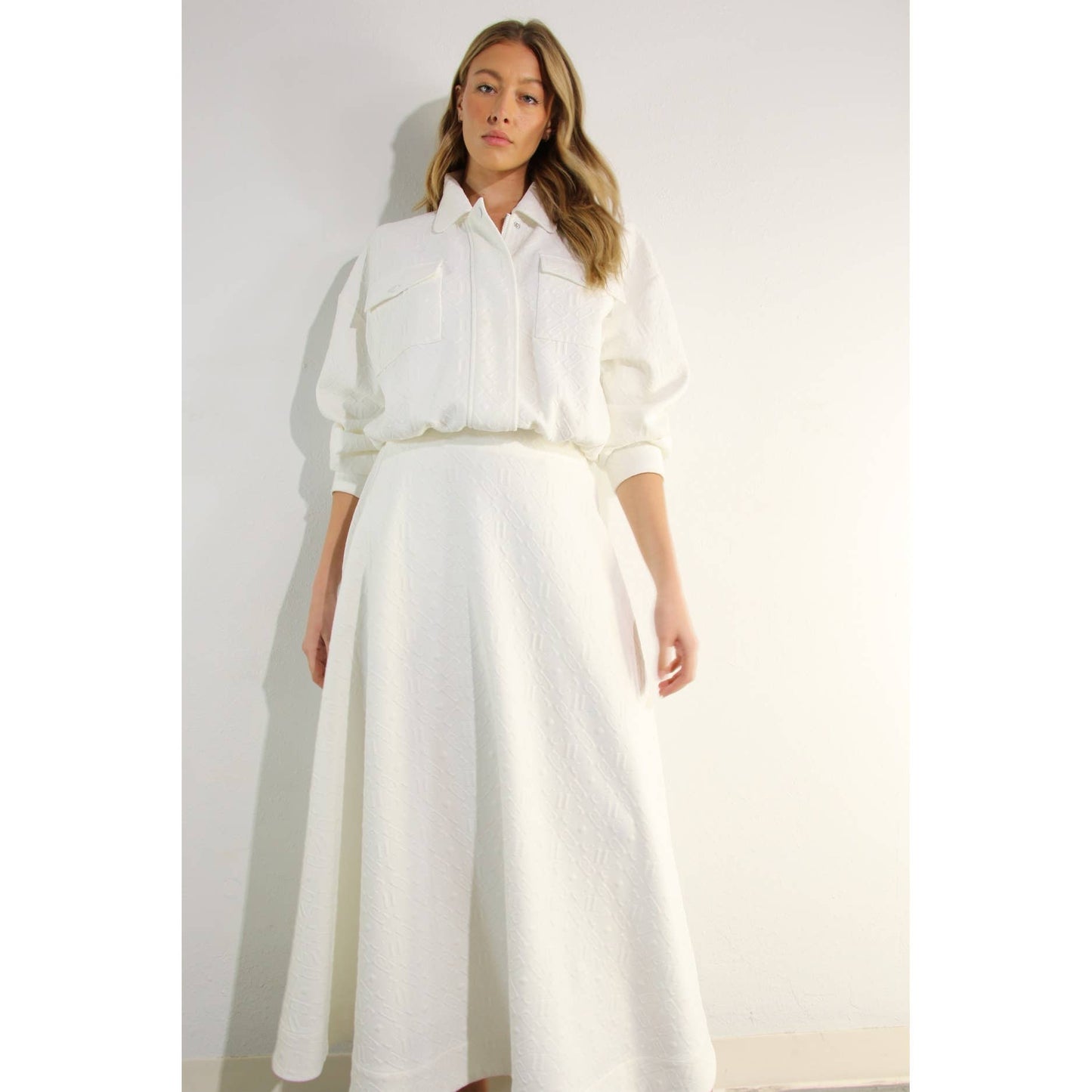 EMBOSSED JACKET AND SKIRT SET