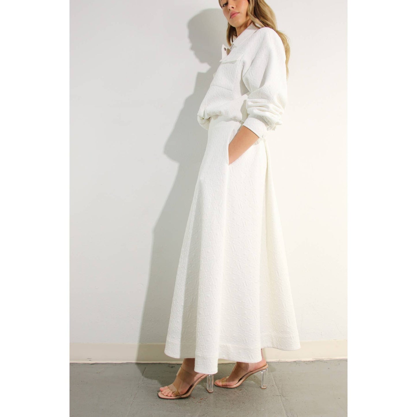 EMBOSSED JACKET AND SKIRT SET
