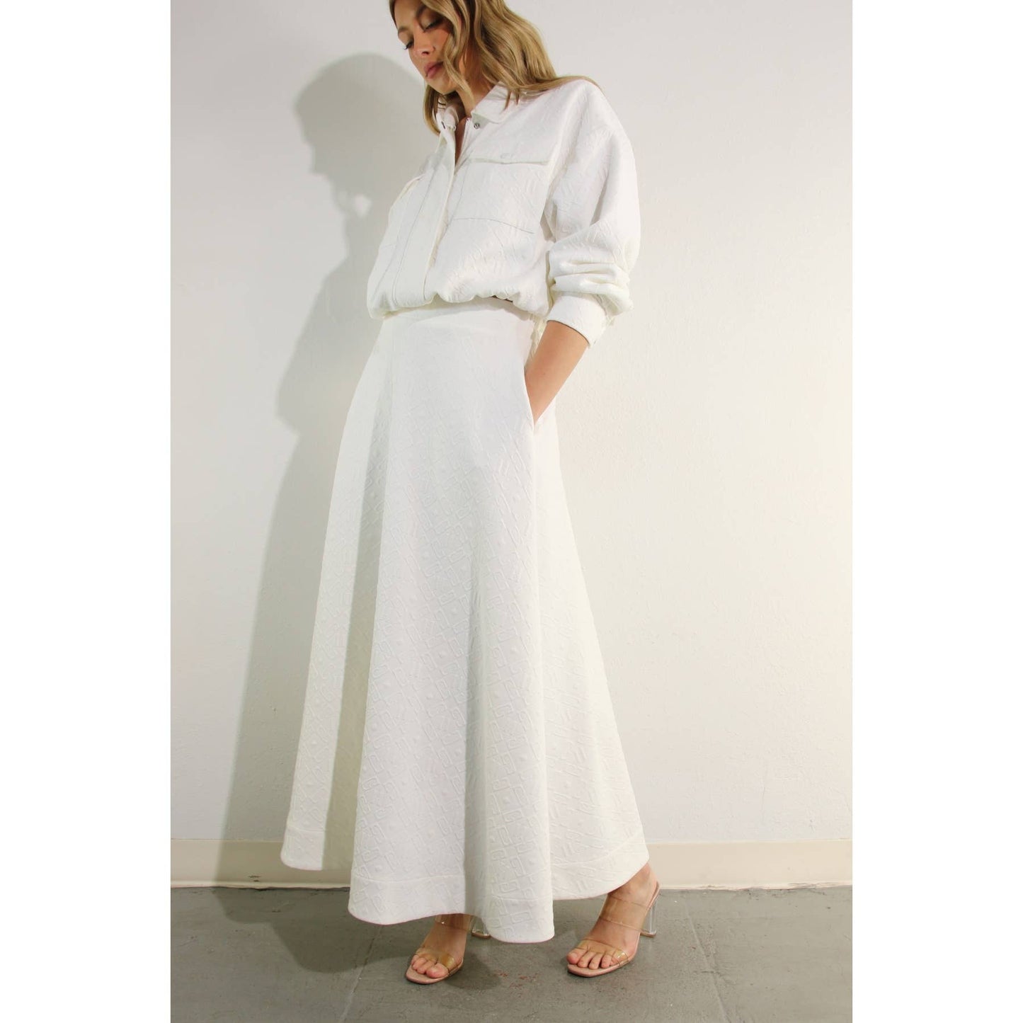 EMBOSSED JACKET AND SKIRT SET