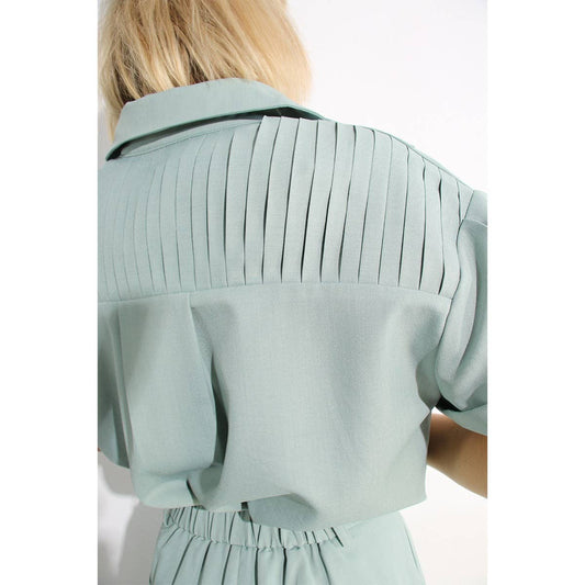 PLEATED BACK BUTTON DOWN SHIRTS TOP AND PANTS SET