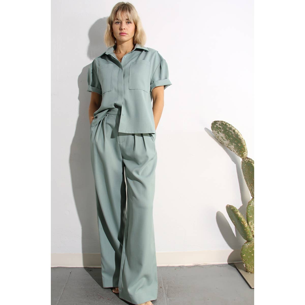 PLEATED BACK BUTTON DOWN SHIRTS TOP AND PANTS SET